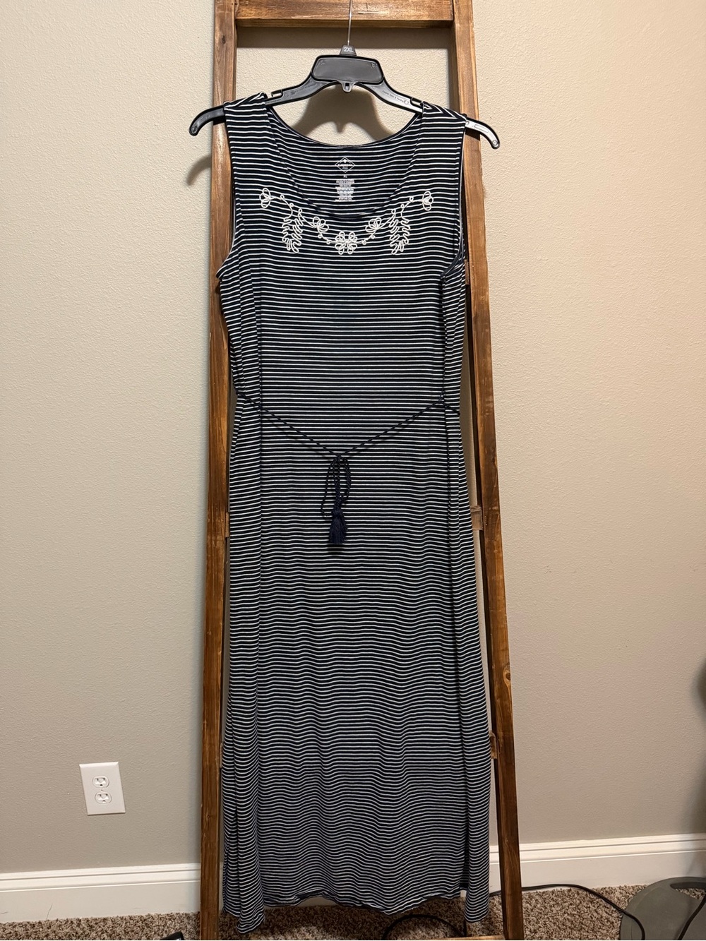 St. John's Bay Navy & White Striped Sleeveless Maxi with Embroidered Yoke